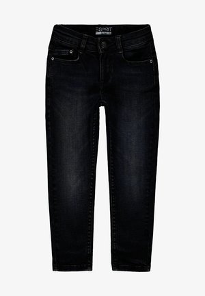 Schmal geschnittene schwarze Denim-Jeans mit vorderer Knopf- und Reißverschluss, fünf Taschen und dezenten, ausgewaschenen Details an den Beinen.