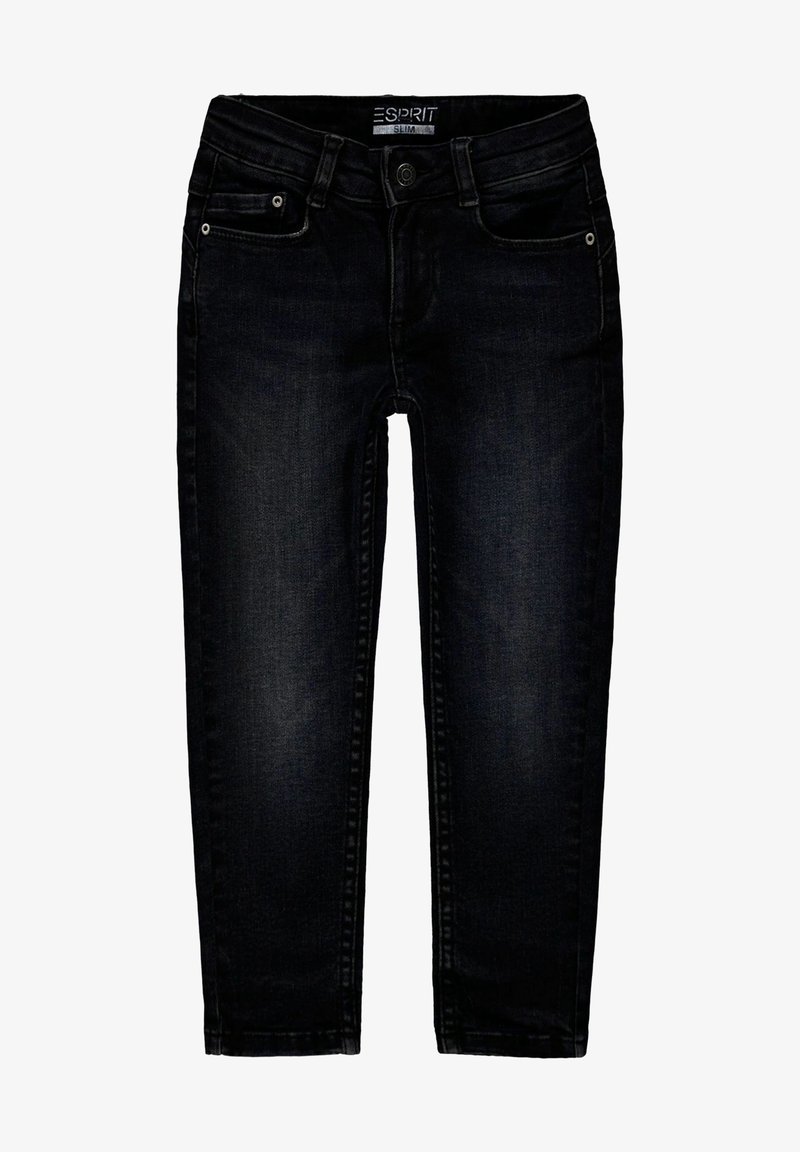 Jean slim noir en denim avec fermeture à bouton et zip à l’avant, design cinq poches, et détails légèrement délavés sur les jambes.