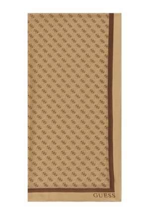 Beige rectangular scarf with a repeated brown "G" and "S" pattern, brown border, and "GUESS" branding in the bottom right corner.