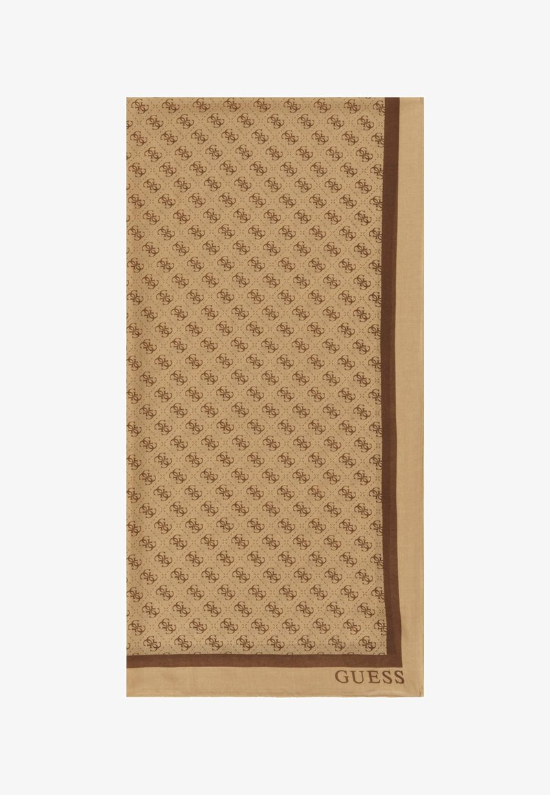 Écharpe rectangulaire beige avec un motif répétitif de "G" et "S" marron, bordure marron, et le logo "GUESS" en bas à droite.