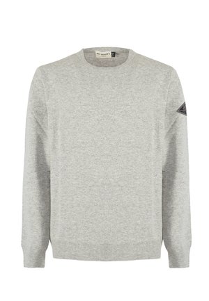Maglione grigio chiaro realizzato in tessuto a maglia, con scollo rotondo e maniche lunghe. Include una piccola etichetta nera con logo sulla manica sinistra.