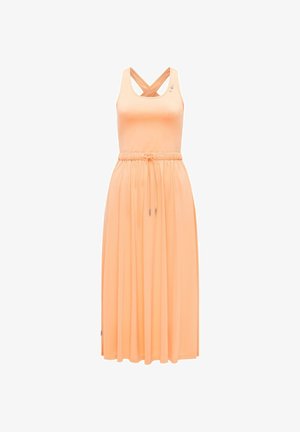 Ärmelloses pfirsichfarbenes Kleid mit gekreuzten Rücken-Trägern, elastischem Bund mit Kordelzug und einem fließenden plissierten Midirock.