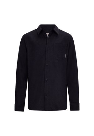 Schwarzes Hemd zum Knöpfen mit langen Ärmeln, Kragen und einer Brusttasche, hergestellt aus strukturiertem Stoff. Verfügt über ein dezentes Logodetail auf der Tasche.
