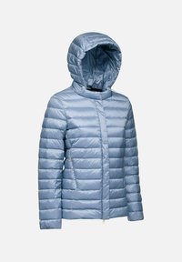Giubbotto imbottito azzurro chiaro con cappuccio, design trapuntato, collo alto, due tasche con zip e superficie liscia e riflettente.