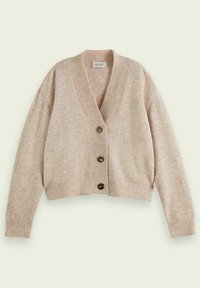 Geknipte cardigan in zacht beige breisel, met een diepe V-hals, lange mouwen en vijf bruine knopen aan de voorkant. Gestructureerd afwerking.