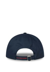 Navyblaues Baseballcap mit verstellbarem Riemen, mit gesticktem "U.S. POLO ASSN."-Logo in Rot auf der Rückseite. Baumwollmaterial, gebogener Schirm.