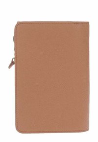 Portafoglio marrone testurizzato con chiusura a zip. Forma rettangolare e bordi cuciti, caratterizzato da un design minimalista e materiale durevole.