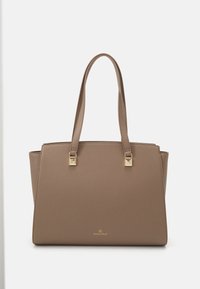 Brown faux leather tote bag with two straps, gold square hardware accents, and a smooth texture; features a minimalist logo at the base.