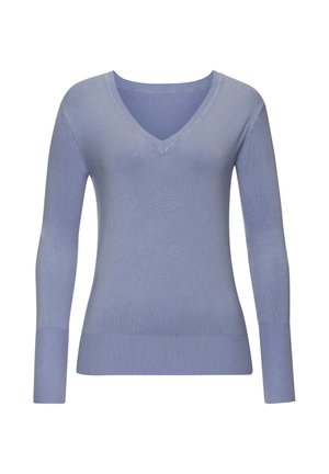 Helles blaues V-Ausschnitt-Pullover aus weichem, geripptem Stoff. Verfügt über lange Ärmel und ein figurnahes Design mit glatter Textur.