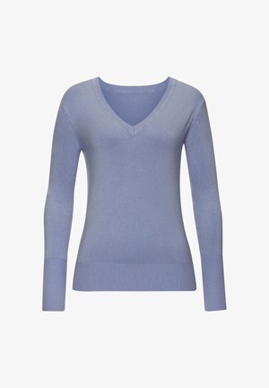 Lichtblauwe V-hals trui van zacht, ribbelstof. Heeft lange mouwen en een aansluitend ontwerp met een gladde textuur.