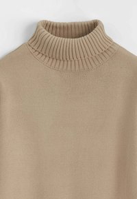 Pull à col roulé beige avec col côtelé et tricot texturé, présentant une coupe ample et une finition lisse.