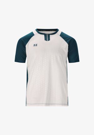 Mandens atletiske T-shirt med hvid krop og teal accenter, korte ærmer, V-hals og teksturede designelementer. Markeret med "FZ" logo.