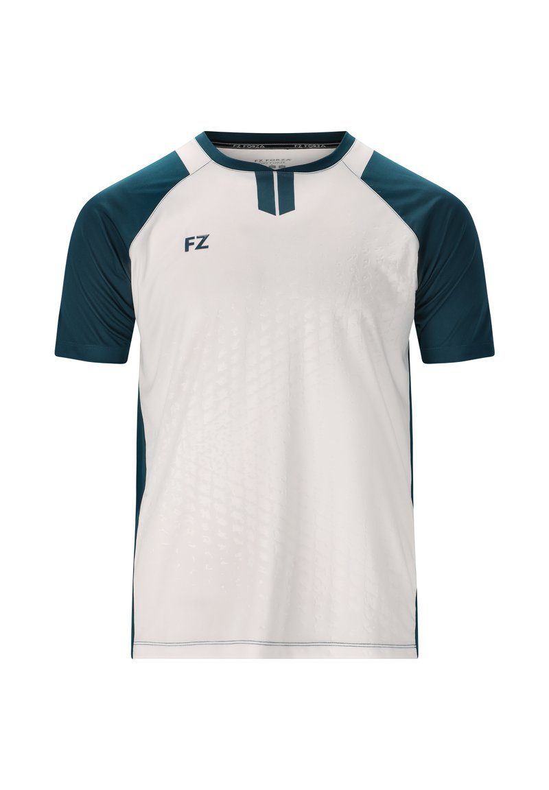 Miestenské atletické tričko s bielym telom a tyrkysovými akcentmi, krátkymi rukávmi, výstrihom do V a textúrovanými dizajnovými prvkami. S logom "FZ".