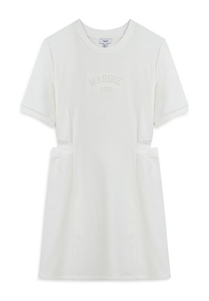Bílá bavlněná šaty s krátkými rukávy, kulatým výstřihem a embosovaným textem "MOŘSKÝ ŽIVOT." Obsahuje boční kapsy a volný střih.