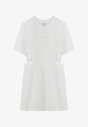 Bílá bavlněná šaty s krátkými rukávy, kulatým výstřihem a embosovaným textem "MOŘSKÝ ŽIVOT." Obsahuje boční kapsy a volný střih.
