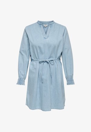 Rochie din denim bleu deschis cu mâneci lungi, decolteu în V, manșete elastice cu smocuri și centură legată în talie.