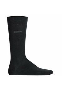 Schwarze Socke mit einer glatten, strukturierten Maschenware, ausgestattet mit einem Rippbund und dezentem 'BOSS'-Logo in Grau. Standardlänge und figurbetontes Design.