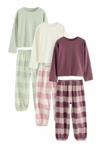 Quattro set di abbigliamento casual: una maglietta verde a coste, una maglietta bianca a coste e due paia di pantaloni a righe nelle tonalità verde-rosa e viola-rosa.