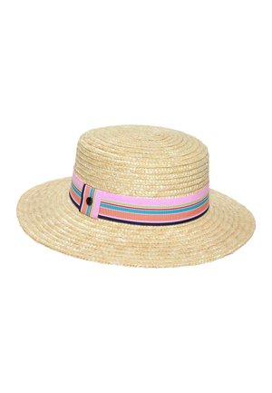 Straw boater hat with flat crown and wide brim, featuring a pink, blue, and orange striped ribbon band around the base.