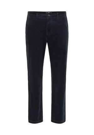 Jeans iz kordura v temno modri barvi, z gumbnim zapiranjem, ravnimi hlačnicami in minimalno obdelavo za čist in klasičen videz.