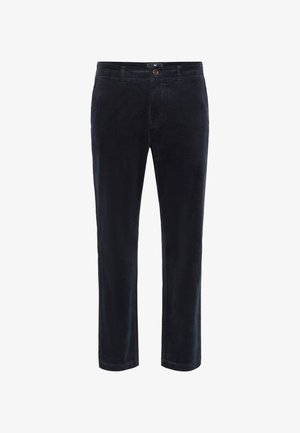 Sötét tengerészkék kordbársony nadrág, gombos záródással, egyenes szárakkal és minimális részletezéssel a letisztult, klasszikus megjelenésért.