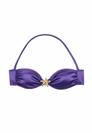 Bikini top viola realizzato in tessuto liscio, con un accento a forma di stella marina al centro e spalline regolabili per una vestibilità ottimale.