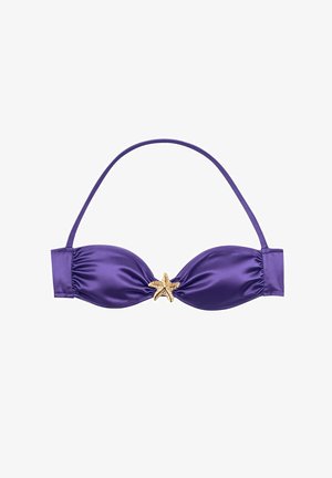 Purple bikini top made of smooth fabric, featuring a starfish accent at the center and adjustable straps for fit.