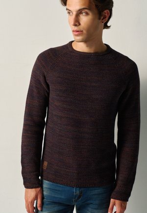 Junger Mann trägt einen dunkel mehrfarbigen Strickpullover und blaue Jeans, schaut nach links vor einem schlichten hellen Hintergrund.
