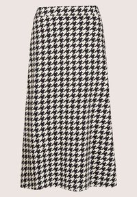 Schwarz-weißer Rock mit Hahnentrittmuster und ausgestelltem Design, knielang, mit glattem Bund und weicher Stofftextur.