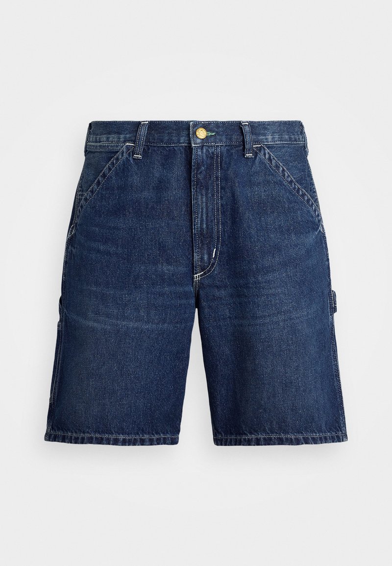 Șorturi din denim de culoare albastru închis, cu un croi clasic, design cu cinci buzunare și cusături în contrast. Buton deasupra închiderii cu fermoar.