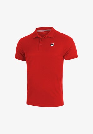 Polo rossa in misto cotone, con colletto classico, tre bottoni e un piccolo logo ricamato sul petto a sinistra.