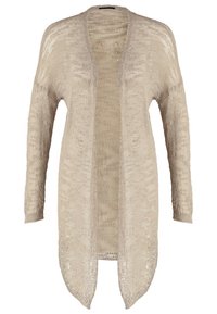 Beige open-knit cardigan with long sleeves, V-neck, and asymmetrical hem. Textured fabric with a sheer appearance and soft drape.