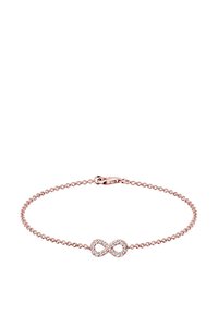 Armband aus roségold mit einem Unendlichkeitssymbol, verziert mit klaren, funkelnden Steinen. Die Kette ist zart und hat einen Karabinerverschluss.