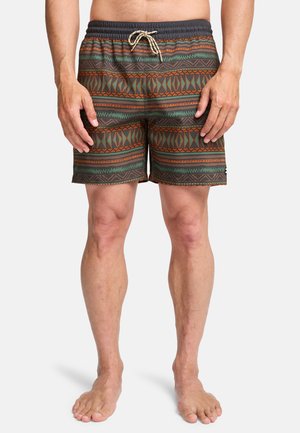 Costume da bagno da uomo con design a motivo a righe verdi, marroni e arancioni, con elastico in vita e coulisse per la regolazione.