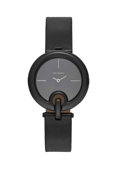 Runde schwarze Armbanduhr mit grauem Zifferblatt, minimalen weißen Stundenmarkierungen, Tory Burch Logo und schwarzem Lederarmband.