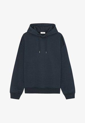 Felpa con cappuccio blu scuro navy con coulisse, polsini e orlo a coste, e un'etichetta all'interno del collo con la scritta "NN. 07".