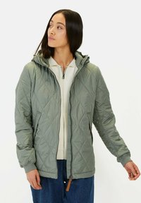 Gepolsterte, hellgrüne Daunenjacke mit Kapuze, Reißverschluss und Seitentaschen; verfügt über elastische Bündchen und eine glatte, glänzende Textur.
