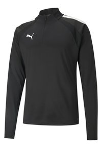 Fekete, hosszú ujjú sport póló, negyed zip gallérral, textúrázott vállpanelekkel és egy kis fehér logóval a mellkasán.