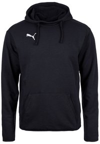 Felpa nera in misto cotone, presenta una tasca a canguro, cappuccio con lacci e un logo Puma bianco sul petto. Tessuto liscio.