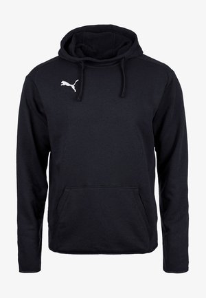 Sweat à capuche noir en mélange de coton, avec une poche kangourou, un cordon de serrage à la capuche et un logo Puma blanc sur la poitrine. Texture lisse.