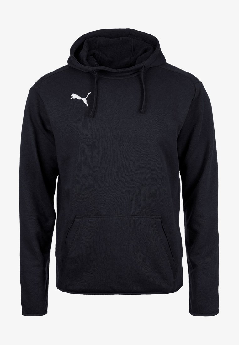Sweat à capuche noir en mélange de coton, avec une poche kangourou, un cordon de serrage à la capuche et un logo Puma blanc sur la poitrine. Texture lisse.
