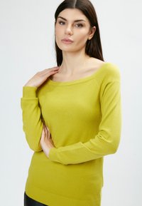 Maglione verde lime a maniche lunghe con scollatura ampia a barca e polsini a coste. Morbido al tatto con una silhouette aderente, che mette in risalto un design casual.