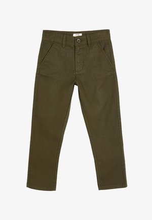 Pantalons en toile de coton vert olive au fit classique. Comprend deux poches avant, une fermeture à bouton unique et des coutures visibles.