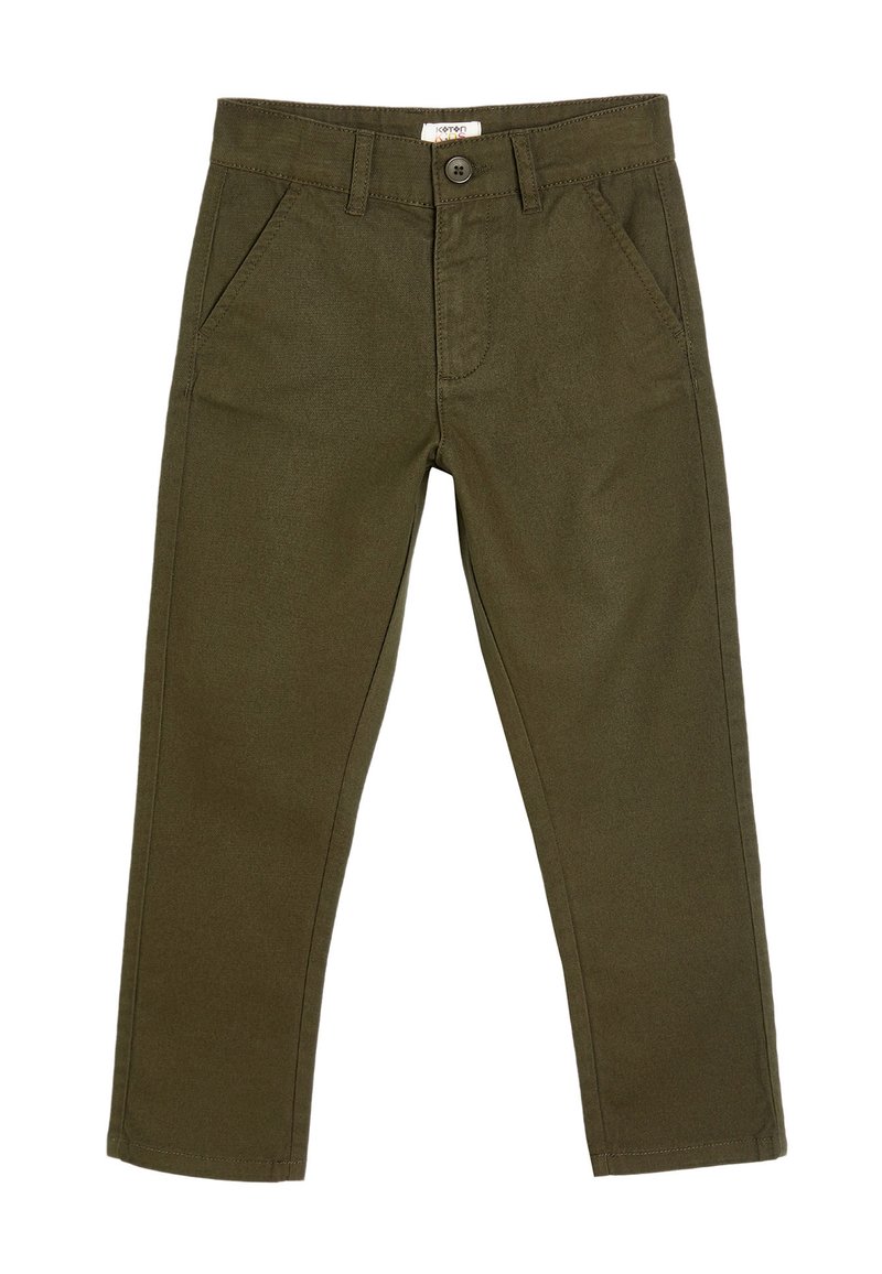 Olijfgroene katoenen twill broek met een klassieke pasvorm. Bevat twee forntzakken, een enkele knoopsluiting en zichtbare stiksels.