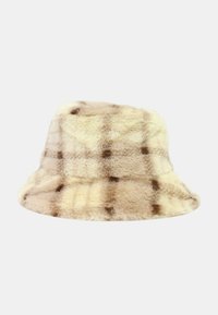 Cappello a secchiello in pelliccia sintetica color crema con motivo a quadri marrone. Texture morbida con tesa ampia e rilassata.