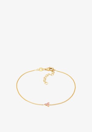 Gouden schakelarmband met een verfijnd ontwerp, voorzien van een kleine cluster roze edelstenen in het midden. Inclusief een kreeftsluiting en verlengketting.