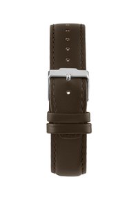 Cinturino in pelle marrone con texture liscia, fibbia in metallo argentato e due anelli regolabili. Presenta fori equidistanti per il fissaggio.