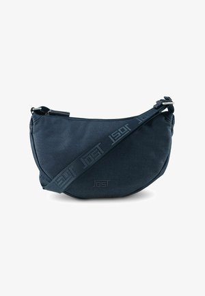 Borsa a tracolla blu navy con forma curva, realizzata in tessuto testurizzato, con tracolla con logo e chiusura con zip.