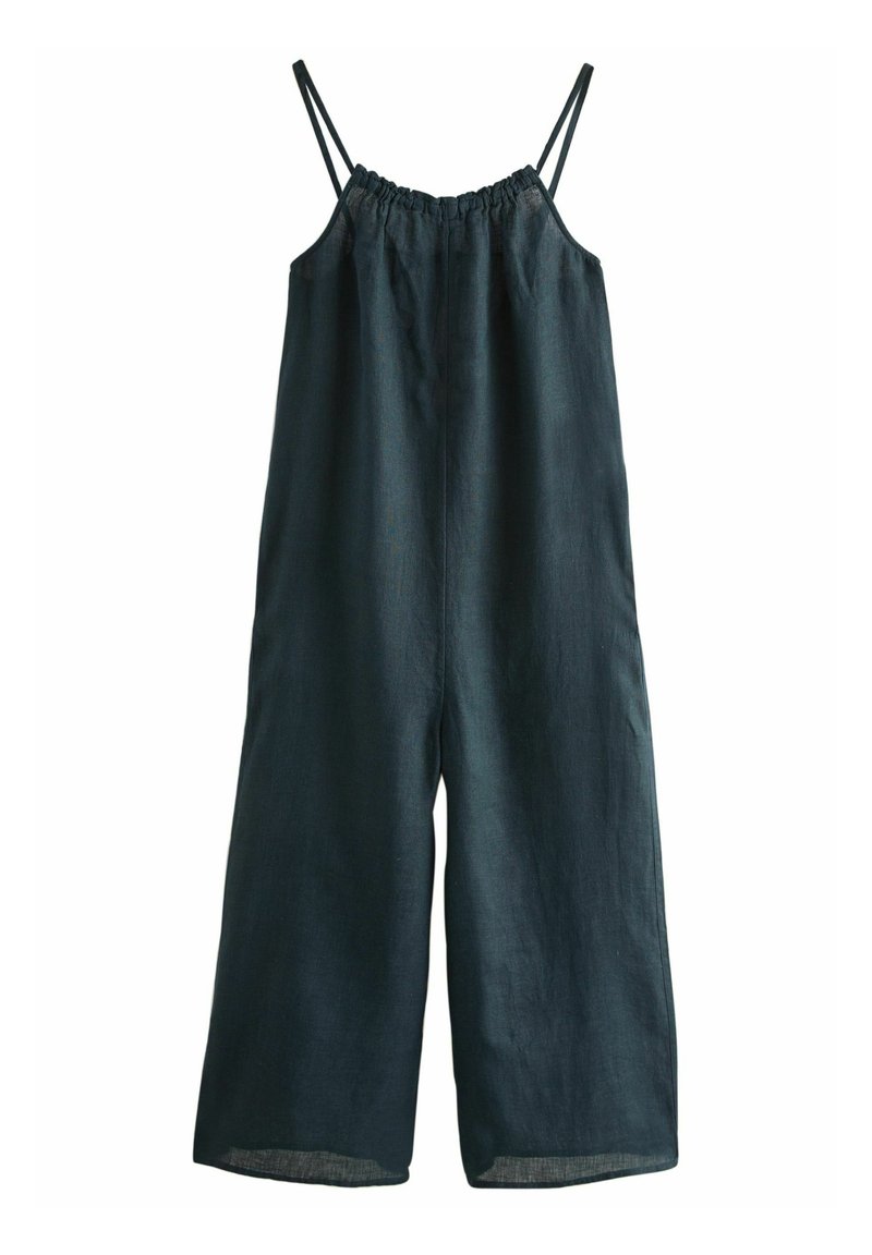 Donkere blauwe linnen jumpsuit met verstelbare dunne bandjes, elastische taille, ruime pasvorm en wijde pijpen die net boven de enkels eindigen.
