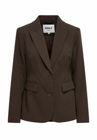 Blazer brun foncé cintré avec revers crantés, deux boutons et poches à rabat, étiqueté "ONLY tailoring" à l'intérieur du col.
